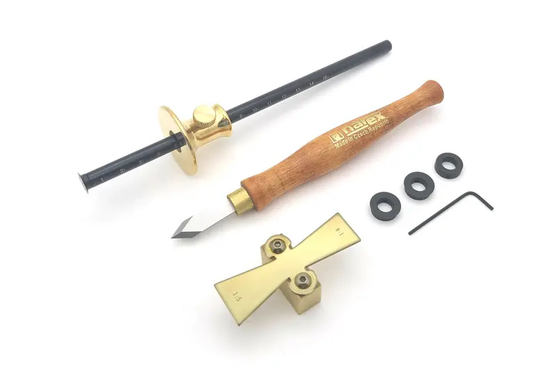 4-Piece Dovetail Layout Kit – Marking Jig (1:5 & 1:8), Narex Knife, Brass Wheel Gauge, Mortise/Tenon Attachment 1