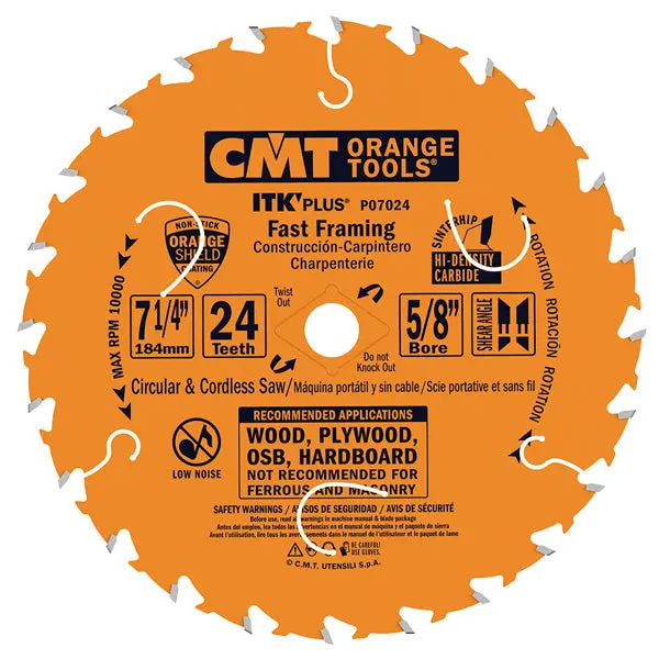 Cmt Itk Plus Fast Framing Circular Saw Blade – 7-1/4", 24T, Atb Shear Grind, Ptfe-Coated 1