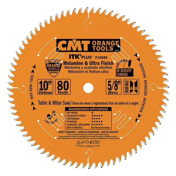 Cmt Itk Plus P10080 10" Ultra-Finish Carbide Saw Blade — 80-Tooth Atb/Shear, 5/8" Arbor, 0.094" Kerf 1