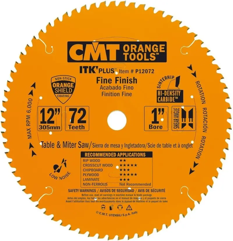 Cmt Itk Plus P12072 12" Fine-Finish Carbide Saw Blade — 72-Tooth Atb/Shear Grind, 1" Arbor 1