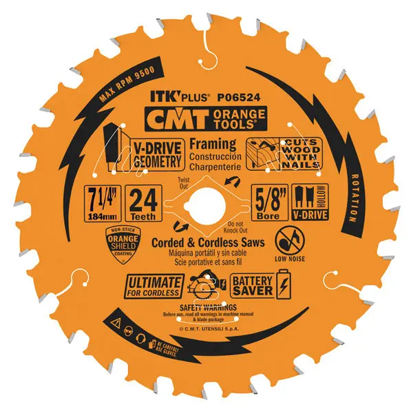 Cmt Itk Plus V-Drive Circular Saw Blade – 7-1/4", 24-Tooth, Ptfe-Coated, 5/8" Arbor For Contractor Use 1