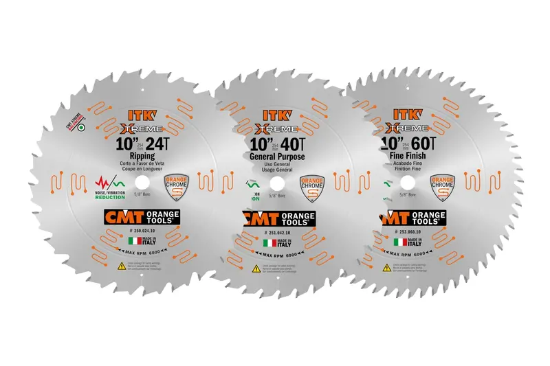 Cmt Itk Xtreme Orange Chrome Thin-Kerf Blade Trio: 10" General-Purpose 40T, Crosscut 60T, And Rip 24T 1