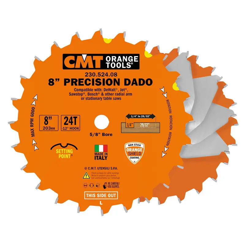 Cmt Orange 8" Precision Dado Blade Set – 24T Ftg + Atb Grind 1
