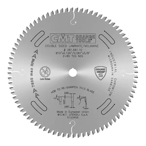 Cmt Orange Chrome 10" Double-Sided Laminate/Melamine Crosscut Blade — 80-Tooth Tcg, 0.126" Kerf 1