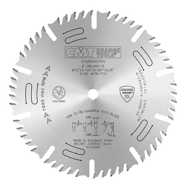 Cmt Orange Chrome 10" General-Purpose Combination Saw Blade — 50T Atb/Tcg Hybrid, 0.126" Kerf 1