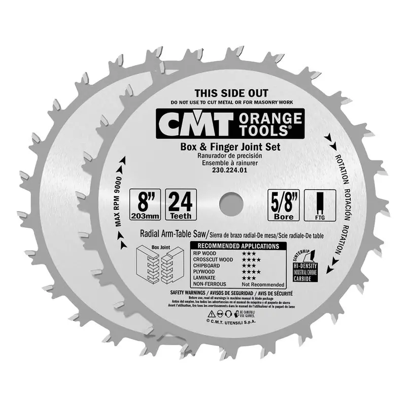 Cmt Orange Chrome 8" Box & Finger Joint Blade Set – 24T Flat Top Grind, 0.250" Kerf 1