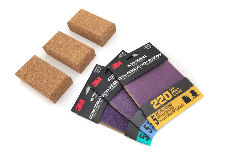Cork Sanding Block Kit: 3 Blocks + 15 Sheets Of 3M Ultra Durable 1/4-Sheet Paper 1