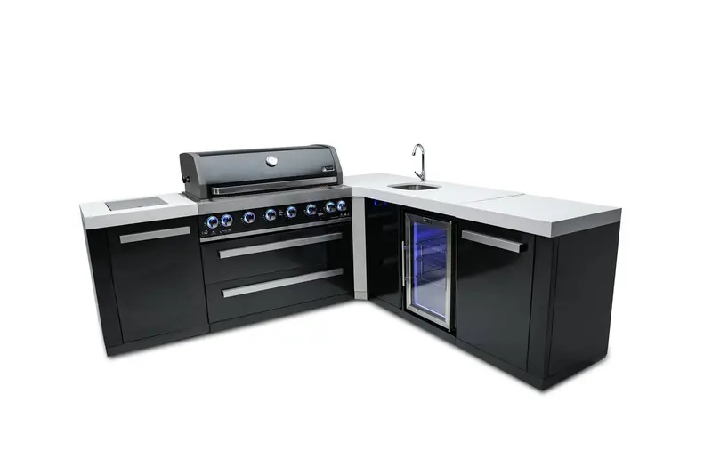 Mont Alpi Mai805-Bss90Bev – Black Stainless Steel L-Shaped 6-Burner Outdoor Kitchen With Beverage Station 1