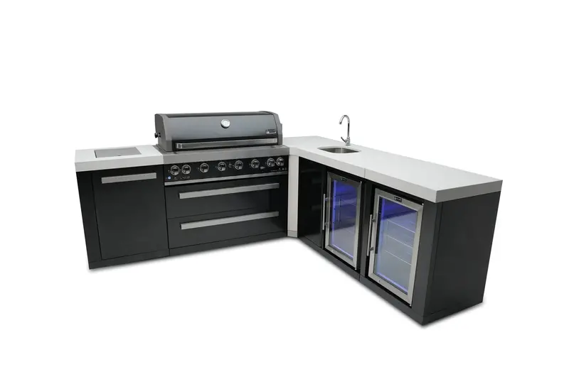 Mont Alpi Mai805-Bss90Bevfc – Black Stainless Steel L-Shaped 6-Burner Outdoor Kitchen Island With Beverage Center & Built-In Refrigerator 1