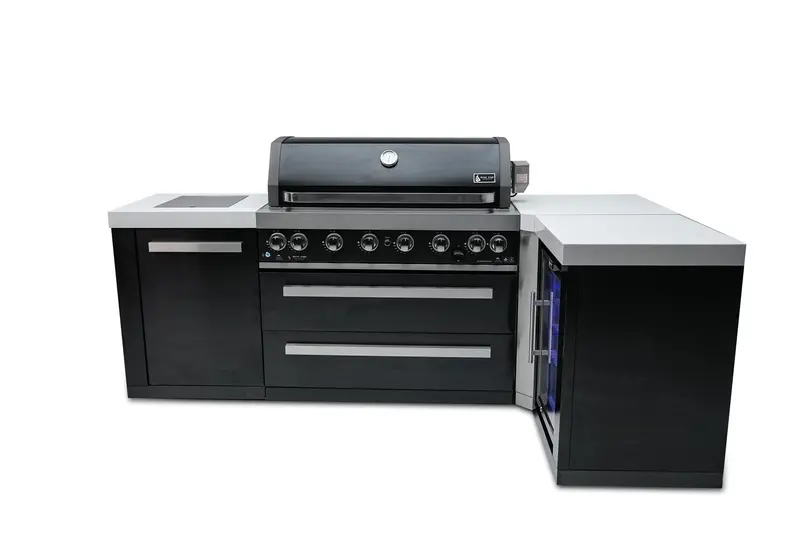 Mont Alpi Mai805-Bss90Fc – Black Stainless Steel L-Shaped 6-Burner Outdoor Kitchen Island With Integrated Refrigerator Cabinet 1