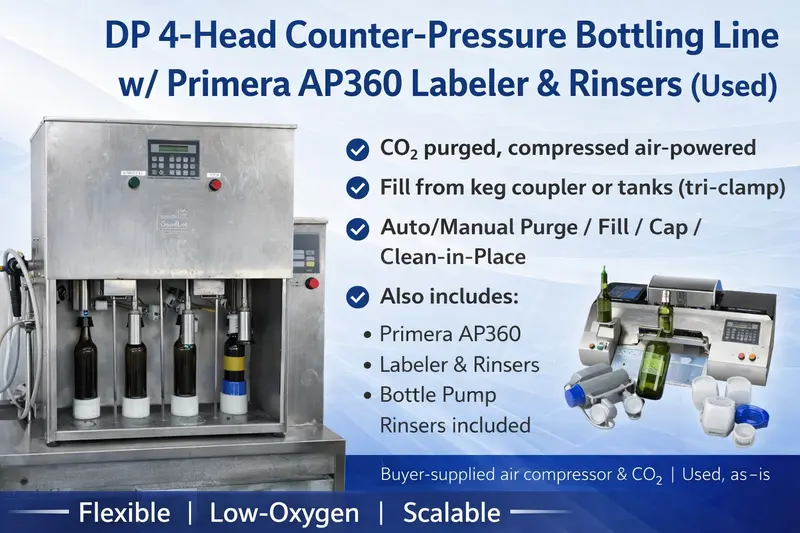 Refurbished 4-Head Counter-Pressure Bottling System With Primera Ap360 Labeling Station 1