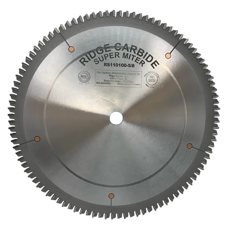 Ridge Carbide 10-Inch 100-Tooth Alternate Raker (4+1) Wood-Cutting Miter Saw Blade – –5° Hook, 5/8" Arbor, Full Kerf (0.125") For Plywood & Mdf 1