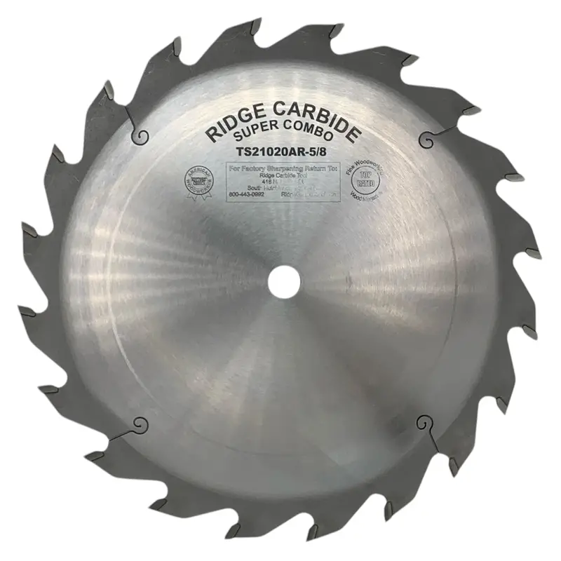 Ridge Carbide 10-Inch 20-Tooth Raker (4+1) Super Combo Blade – +20° Hook, 5/8" Arbor, Full Kerf (0.125") For Fast, Coarse Wood Processing 1