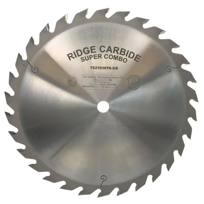 Ridge Carbide 10-Inch 30-Tooth Raker (4+1) Super Combo Blade – +20° Hook, 5/8" Arbor, Thin Kerf (0.094") For Energy-Efficient Multi-Material Cutting 1