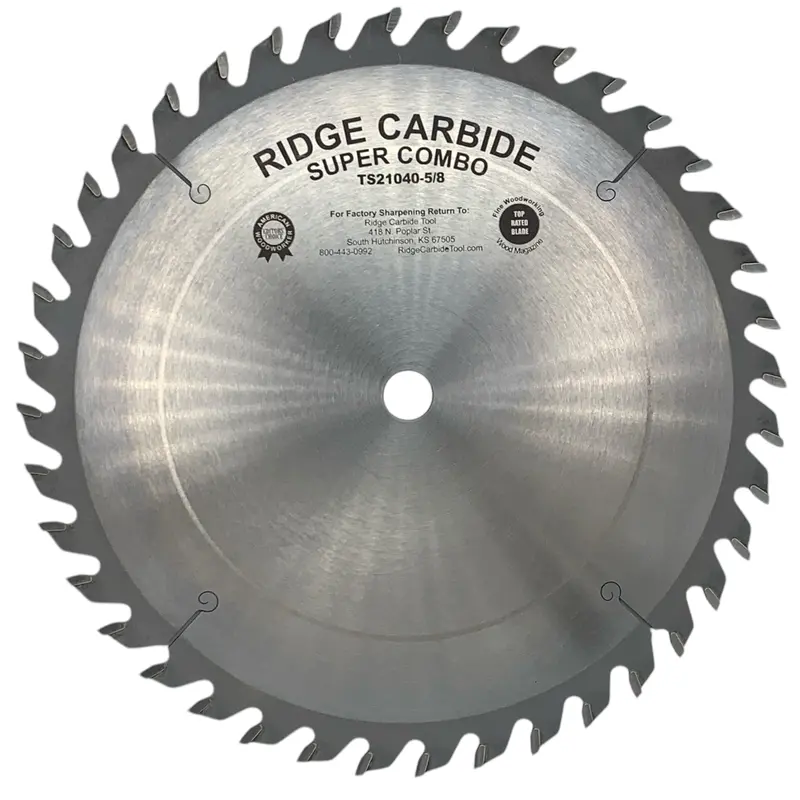 Ridge Carbide 10-Inch 40-Tooth Raker (4+1) Super Combo Blade – +15° Hook, 5/8" Arbor, Full Kerf (0.125") For Balanced Rip & Crosscut Performance 1