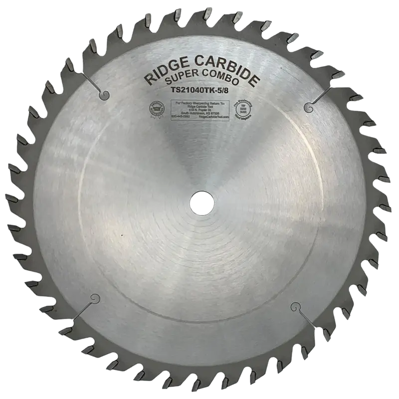Ridge Carbide 10-Inch 40-Tooth Raker (4+1) Super Combo Blade – +15° Hook, 5/8" Arbor, Thin Kerf (0.095") For Efficient Dual-Purpose Cutting 1