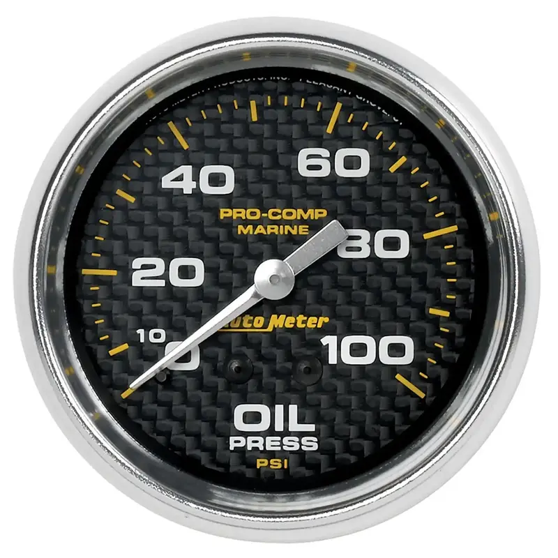 Autometer Mechanical Oil Pressure Gauge – 2-5/8" Dial, 100 Psi Range, Marine-Grade Carbon Fiber Housing 1