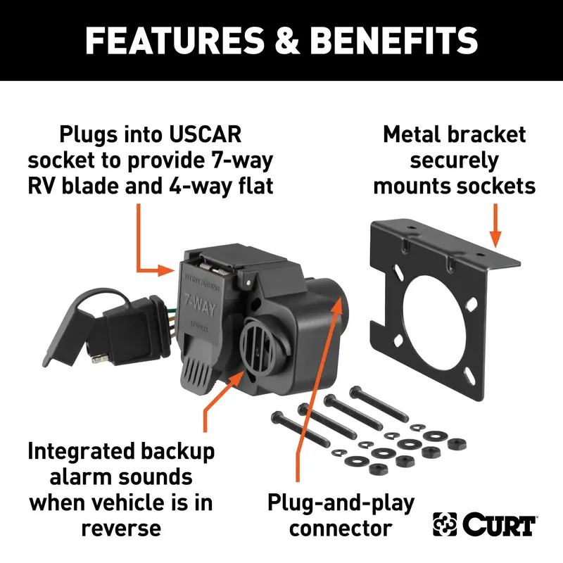 Curt 57101 Dual-Output 7-Pin/4-Pin Trailer Connector With Integrated Backup Alarm – Uscar-Compatible 1